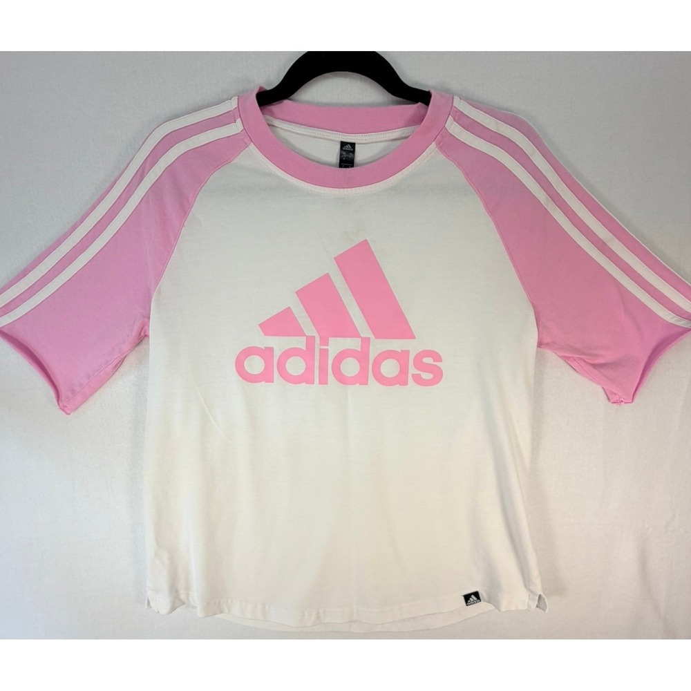 Adidas Womens Pink White Raglan Three Stripe Logo T-Shirt Large